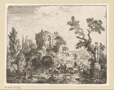 Berglandschap met ruïne en een kudde dieren bij het beeld van Flora