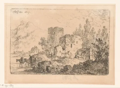 Berglandschap met ruïne en figuur met een ezel