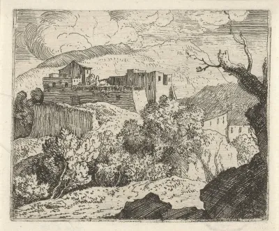 Berglandschap met ruïnes van een fort