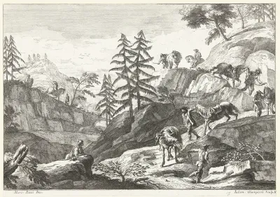 Berglandschap met ruiters die paarden bergaf leiden op pad