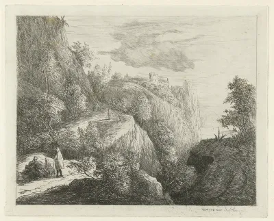 Berglandschap met rustende figuren aan kant van weg