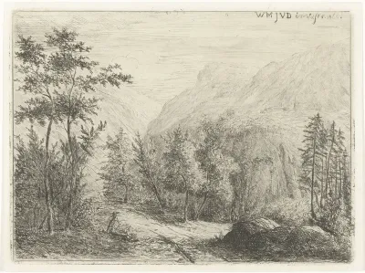 Berglandschap met rustende figuur langs weg