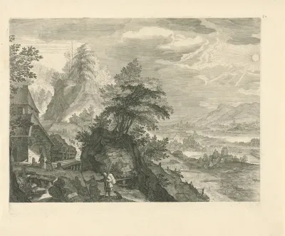 Berglandschap met rustende reizigers