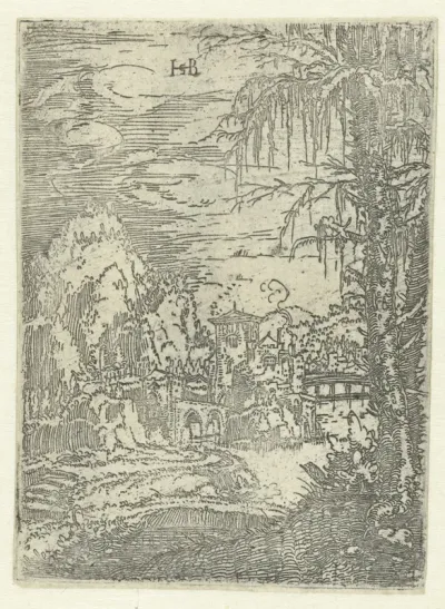 Berglandschap met stad aan een rivier