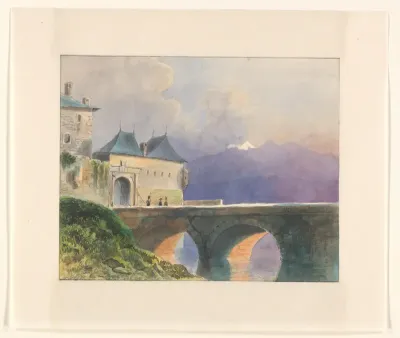 Berglandschap met stadsmuur en brug