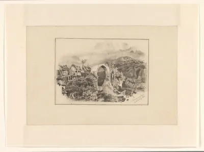 Berglandschap met stenen brug