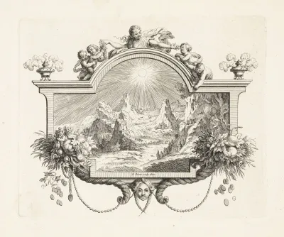 Berglandschap met stralende zon in ornamentele lijst