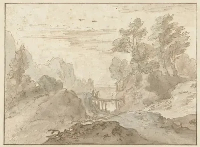 Berglandschap met twee figuren op een smalle brug
