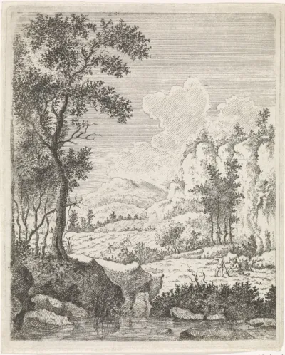 Berglandschap met twee rustende boeren bij een beek