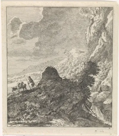 Berglandschap met wandelaar en ezel