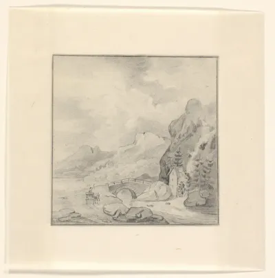Berglandschap met watermolen en stenen brug