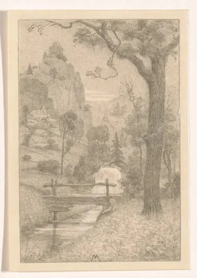 Berglandschap met waterval en brug