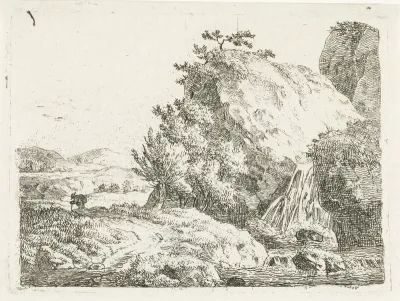 Berglandschap met waterval en wandelaar