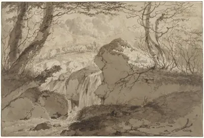 Berglandschap met waterval tussen bomen, waarlangs een schaapherder zijn kudde voert