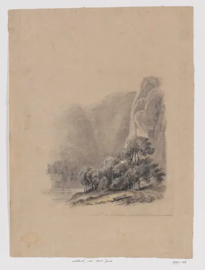 Berglandschap met weg langs rotsen, bij een rivier, West-Java