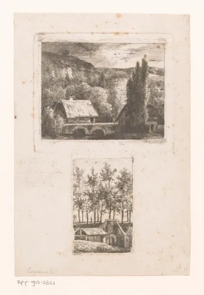 Berglandschap met woningen aan een brug en landschap met bomenrij en tunnel