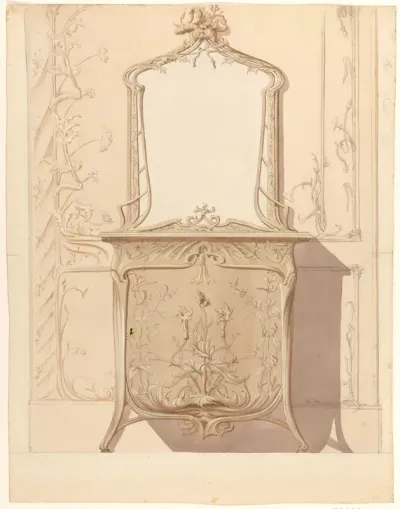 Bergmeubel met spiegelopstand in florale art nouveau-stijl, staande tegen een wand die in dezelfde stijl is gedecoreerd