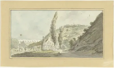 Bergweg met huisjes, in de verte een viaduct