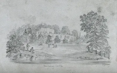 Berkeley castle, view from a distance, with a river or lake in the foreground