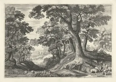 Berouw van de verloren zoon; hij eet uit de varkenstrog