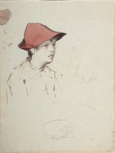 Bertta Edelfelt, taiteilijan sisar punainen hattu päässään. Mahdollisesti n. 1886.