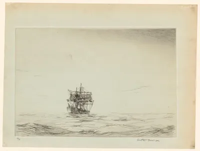 Beschadigd schip op zee na een storm