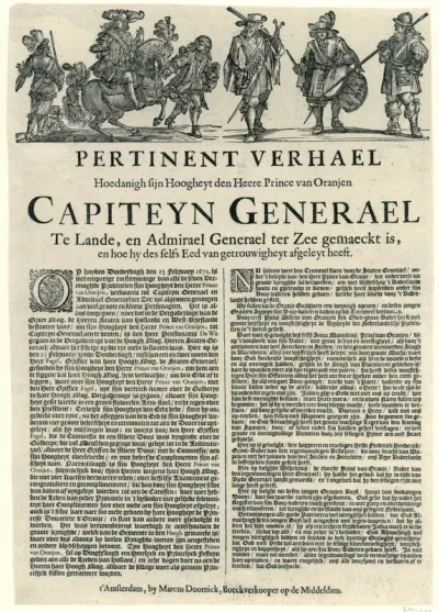 Beschrijving van de gebeurtenissen rond de benoeming van Willem III tot kapitein-generaal, 1672