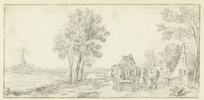 Bespannen wagen voor een herberg