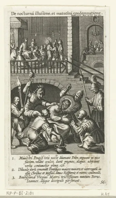 Bespotting van Christus en Christus voor Kajafas