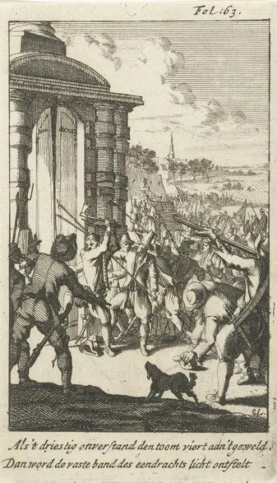 Bestorming van de Noordpoort te Middelburg door opstandige boeren, 1672
