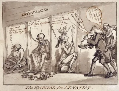 Bethlem Hospital, London: the incurables being inspected by a member of the medical staff, with the patients represented by political figures