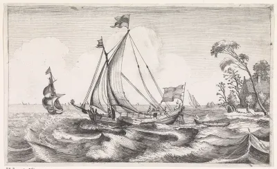 Beurtschip met volle zeilen varend naar links