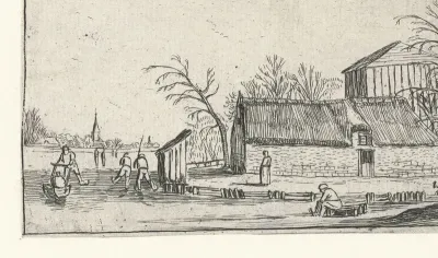 Bevroren rivier met schaatsers bij een boerderij