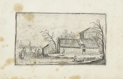 Bevroren rivier met schaatsers bij een boerderij