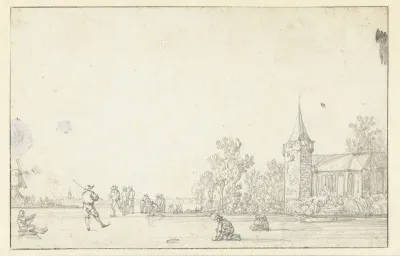 Bevroren rivier met schaatsers bij een kerk
