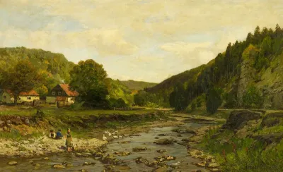 Bewaldete Flusslandschaft, Kinder am Ufer