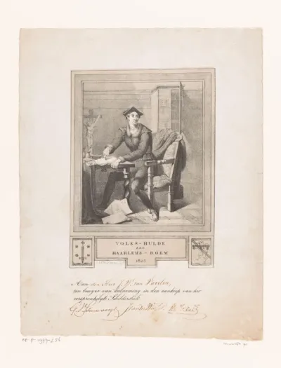 Bewijs van bijdrage aan aankoop schilderij door Jan Adam Kruseman ter gelegeheid van het vierhonderdjarige jubileum van de uitvinding van de boekdrukkunst