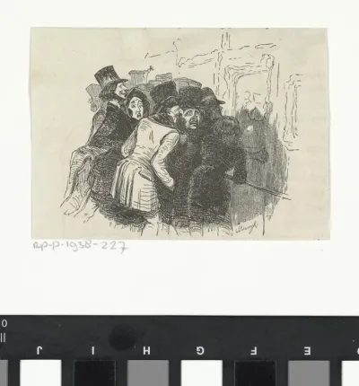 Bezoekers bij een tentoonstelling van schilderijen
