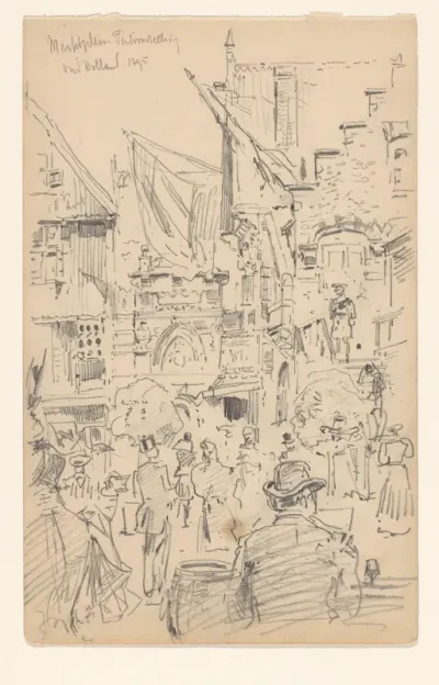 Bezoekers op het Marktplein van de nagebouwde stad Oud-Holland op de Wereldtentoonstelling voor het Hotel- en Reiswezen van 1895