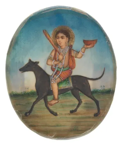 Bhairava riding on a dog, holding a club and a skull-bowl