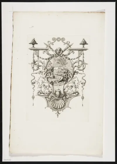 Biblical representation in a cartouche with a mask, snakes and leafy vines