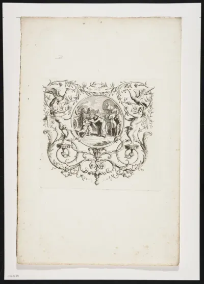 Biblical representation in a cartouche with putti, birds and foliate scrolls