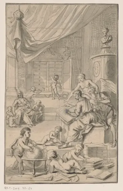 Bibliotheek met de personificatie van Geschiedenis