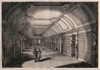 Bibliothèque Sainte-Geneviève, Paris: a prospect of the library with two men conversing