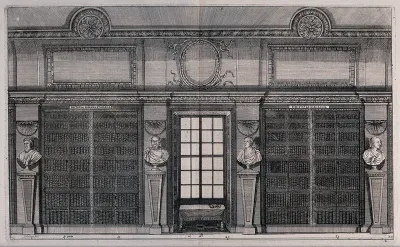 Bibliothèque Sainte-Geneviève, Paris: a wall of the library with two bookcases of books and busts of Plato, Socrates, Euclid and Cicero