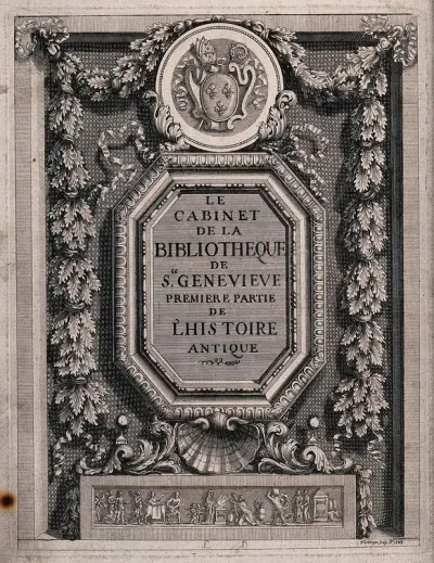 Bibliothèque Sainte-Geneviève, Paris: coat of arms and inscription surrounded by a carved frame and a border of oak garlands