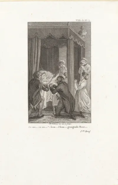 Biddende en huilende figuren bij het ziekbed van Clarissa