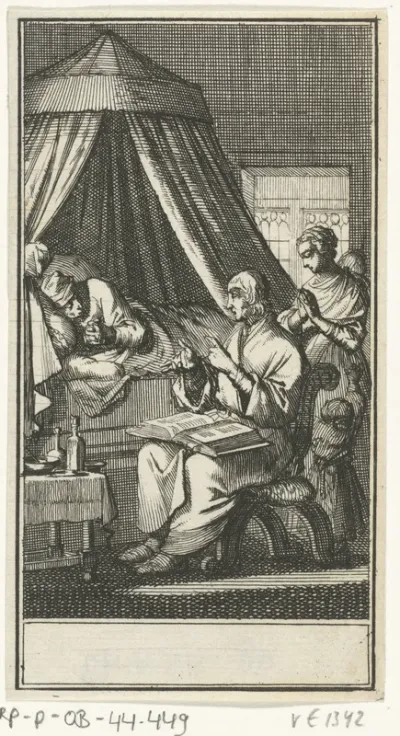 Biddende figuren aan het bed van een zieke