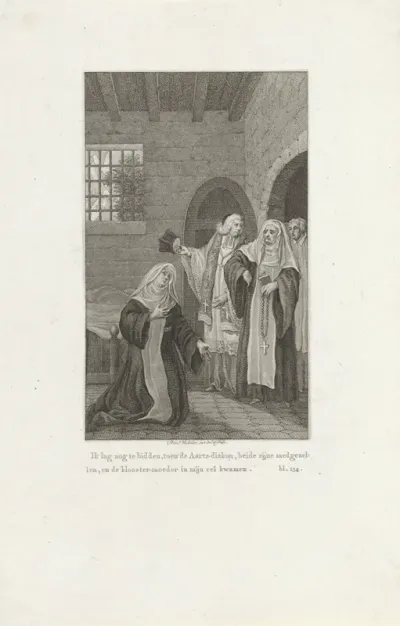 Biddende non bezocht door kloosterlingen