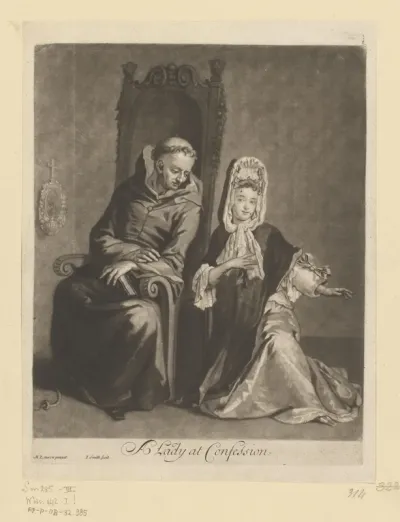 Biechtende dame geknield bij een monnik